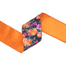 4" Wired Dupioni Ribbon | Pumpkins and Flowers on Blue w/ Satin Orange Backing | 10 Yard Roll