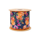 4" Wired Dupioni Ribbon | Pumpkins and Flowers on Blue w/ Satin Orange Backing | 10 Yard Roll