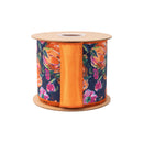 4" Wired Dupioni Ribbon | Pumpkins and Flowers on Blue w/ Satin Orange Backing | 10 Yard Roll