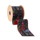 4" Wired Dupioni Ribbon | Jewel Tone Mushrooms on Black w/ Red Backing | 10 Yard Roll