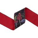 4" Wired Dupioni Ribbon | Jewel Tone Mushrooms on Black w/ Red Backing | 10 Yard Roll