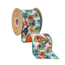 4" Wired Dupioni Ribbon | Aqua and Orange Floral w/ Satin Orange Backing | 10 Yard Roll