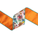 4" Wired Dupioni Ribbon | Aqua and Orange Floral w/ Satin Orange Backing | 10 Yard Roll