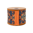 4" Wired Dupioni Ribbon | Orange and Cream Flame Print on Blue w/ Satin Orange Backing | 10 Yard Roll