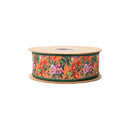 1 1/2" Wired Dupioni Ribbon | Fall Floral on Orange w/ Green Backing | 10 Yard Roll