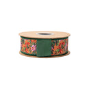 1 1/2" Wired Dupioni Ribbon | Fall Floral on Orange w/ Green Backing | 10 Yard Roll