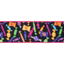 4" Wired Dupioni Ribbon | Halloween Candy on Black w/ Pink Backing | 10 Yard Roll