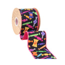 4" Wired Dupioni Ribbon | Halloween Candy on Black w/ Pink Backing | 10 Yard Roll