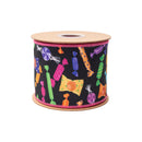 4" Wired Dupioni Ribbon | Halloween Candy on Black w/ Pink Backing | 10 Yard Roll