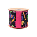 4" Wired Dupioni Ribbon | Halloween Candy on Black w/ Pink Backing | 10 Yard Roll