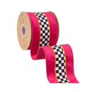 4" Wired Velvet Plain Weave Fabric Ribbon | Black/White Checks with Pink/Orange Stripe w/ Pink Backing | 10 Yard Roll