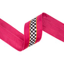 4" Wired Velvet Plain Weave Fabric Ribbon | Black/White Checks with Pink/Orange Stripe w/ Pink Backing | 10 Yard Roll