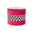 4" Wired Velvet Plain Weave Fabric Ribbon | Black/White Checks with Pink/Orange Stripe w/ Pink Backing | 10 Yard Roll