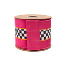 4" Wired Velvet Plain Weave Fabric Ribbon | Black/White Checks with Pink/Orange Stripe w/ Pink Backing | 10 Yard Roll