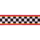 2 1/2" Wired Dupioni Ribbon | Large Black/White Check with Orange and Pink Pom Pom Edging w/ Pink Backing | 10 Yard Roll