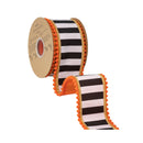 2 1/2" Wired Dupioni Ribbon | Black/White Stripe w/ Gold and Orange Pom Pom Edging w/ Satin Orange Backing | 10 Yard Roll