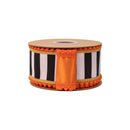 2 1/2" Wired Dupioni Ribbon | Black/White Stripe w/ Gold and Orange Pom Pom Edging w/ Satin Orange Backing | 10 Yard Roll