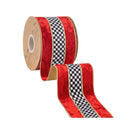 4" Wired Velvet Ribbon | Black/White Check w/ Red Banded Velvet w/ Gold Backing | 10 Yard Roll