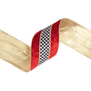 4" Wired Velvet Ribbon | Black/White Check w/ Red Banded Velvet w/ Gold Backing | 10 Yard Roll