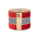 4" Wired Velvet Ribbon | Black/White Check w/ Red Banded Velvet w/ Gold Backing | 10 Yard Roll