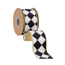 2 1/2" Wired Velvet Ribbon | Black and White Rhombus w/ Metallic Gold Backing | 10 Yard Roll