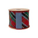 4" Wired Dupioni Ribbon | Bias Cut Traditional Christmas Plaid Red/Green/Blue w/ Blue Backing | 10 Yard Roll