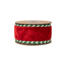 2 1/2" Wired Premium Velvet Ribbon | Red w/ Green/White Striped Backing and Piping | 10 Yard Roll