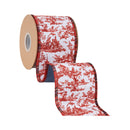 4" Wired Dupioni Ribbon | Red Chinouserie w/Plaid Piping and Blue Dupioni Backing | 10 Yard Roll
