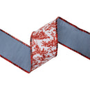 4" Wired Dupioni Ribbon | Red Chinouserie w/Plaid Piping and Blue Dupioni Backing | 10 Yard Roll