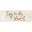 4" Wired Dupioni Ribbon | Gold Embroidered "Joy to the World" on Ivory w/ Gold Tissue Backing | 10 Yard Roll