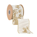 4" Wired Dupioni Ribbon | Gold Embroidered "Joy to the World" on Ivory w/ Gold Tissue Backing | 10 Yard Roll