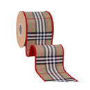 4" Wired Dupioni Ribbon | Beige Fashion Plaid w/ Red Fused Backing | 10 Yard Roll
