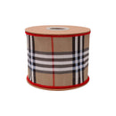 4" Wired Dupioni Ribbon | Beige Fashion Plaid w/ Red Fused Backing | 10 Yard Roll