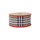 2 1/2" Wired Dupioni Ribbon | Beige Fashion Plaid w/ Red Fused Backing | 10 Yard Roll