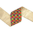 4" Wired Dupioni Ribbon | Multi Jewel Tone Small Bias Check Plaid w/ Gold Metallic Fused Dupioni Backing | 10 Yard Roll