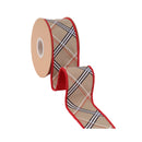 2 1/2" Wired Dupioni Ribbon | Beige Fashion Bias Plaid w/ Red Fused Backing | 10 Yard Roll