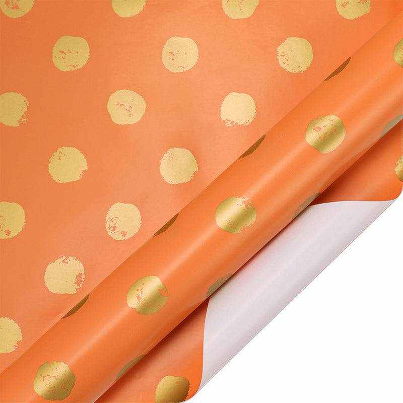 30" x 10' Wrapping Paper | Orange w/ Metallic Gold Polka Dot