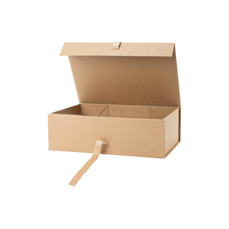 14" x 9" x 4.3" Collapsable Gift Box w/ Satin Ribbon & Magnetic Square Flap Lid | Kraft