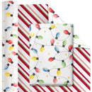 24" x 417' Reversible Holiday Wrapping Paper Half Ream | Festive Lights/Pink and Red on White Diagonal Stripe