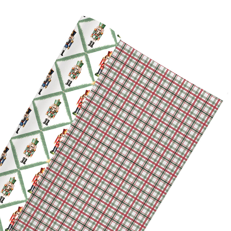 24" x 417' Reversible Holiday Wrapping Paper Half Ream | Norfolk Pine Nutcracker/Small Red and Green Plaid