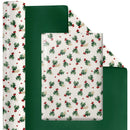 24" x 417' Reversible Holiday Wrapping Paper Half Ream | Vintage Holly/Green Metallic Solids