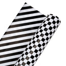24" x 417' Holiday Reversible Wrapping Paper Half Ream | Black/White Checked and Black/White Stripe