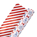 24" x 417' Holiday Reversible Wrapping Paper Half Ream | Christmas Icons and Bows and Red/White Diagonal Stripe