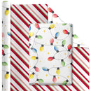 30" x 10' Reversible Holiday Wrapping Paper | Festive Lights/Pink and Red on White Diagonal Stripe