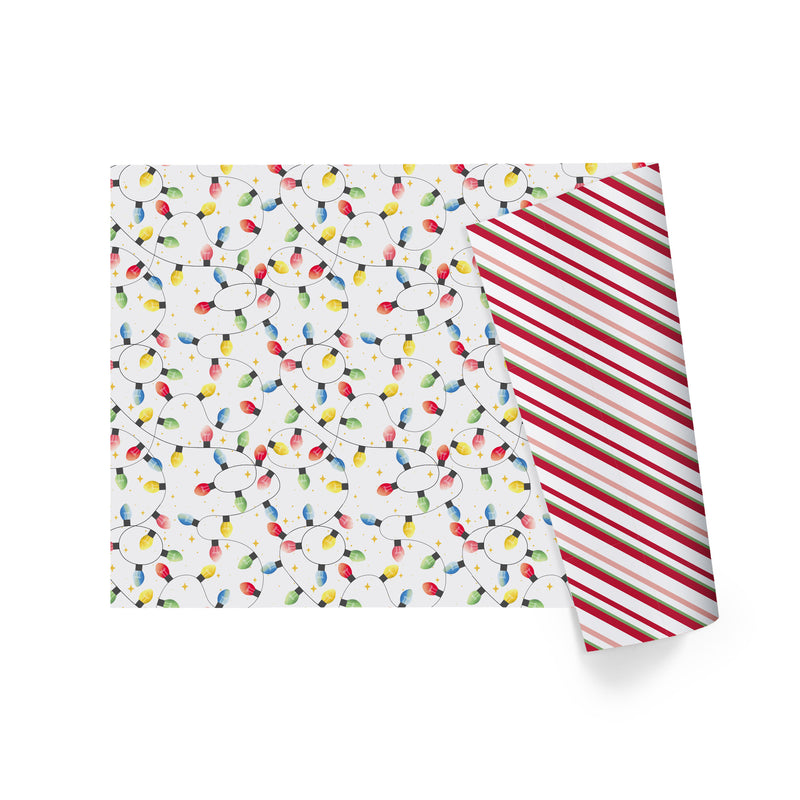 30" x 10' Reversible Holiday Wrapping Paper | Festive Lights/Pink and Red on White Diagonal Stripe