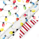 30" x 10' Reversible Holiday Wrapping Paper | Festive Lights/Pink and Red on White Diagonal Stripe