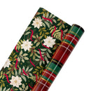 30" x 10' Holiday Reversible Metallic Wrapping Paper | Rich Plaid and Holiday Floral and Ribbons