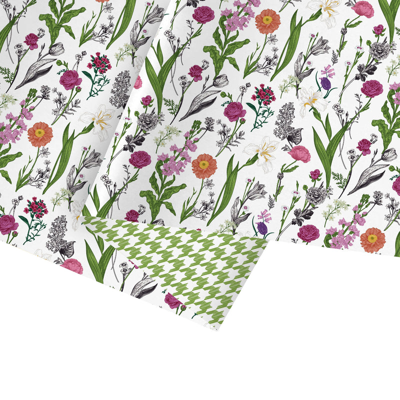 30" x 10' Reversible Wrapping Paper | Bright Blooms w/ Green Herringbone