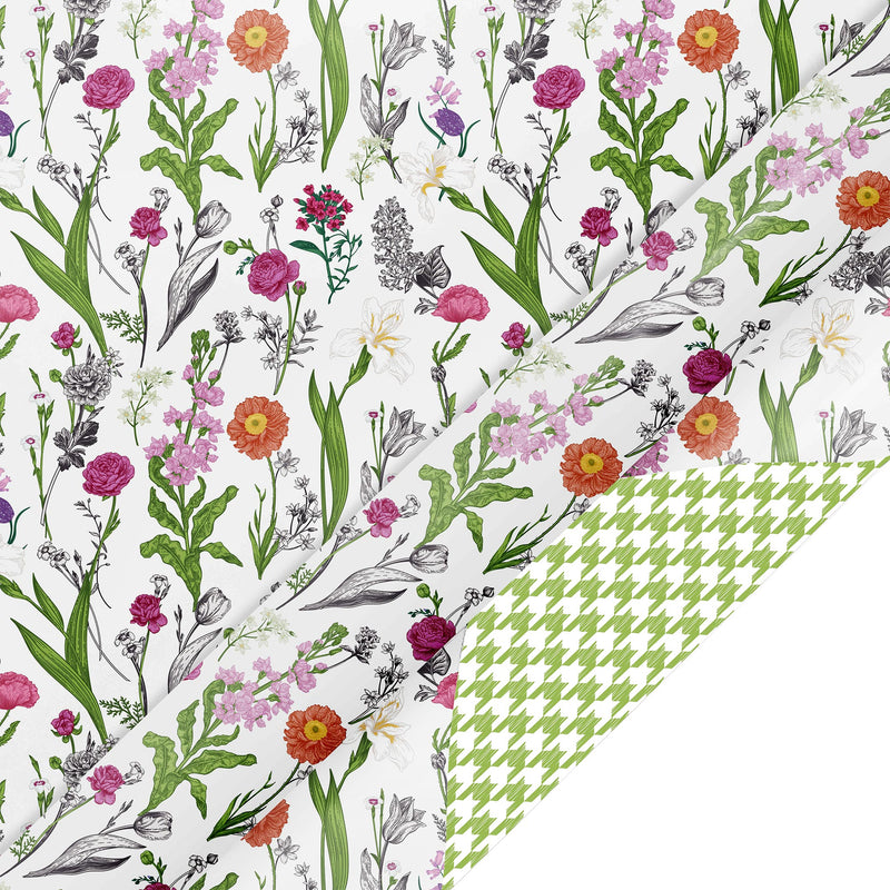 30" x 10' Reversible Wrapping Paper | Bright Blooms w/ Green Herringbone