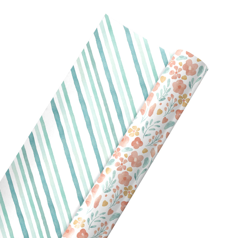 30" x 10' Reversible Wrapping Paper | Soft Floral w/ Teal Diagional Stripe